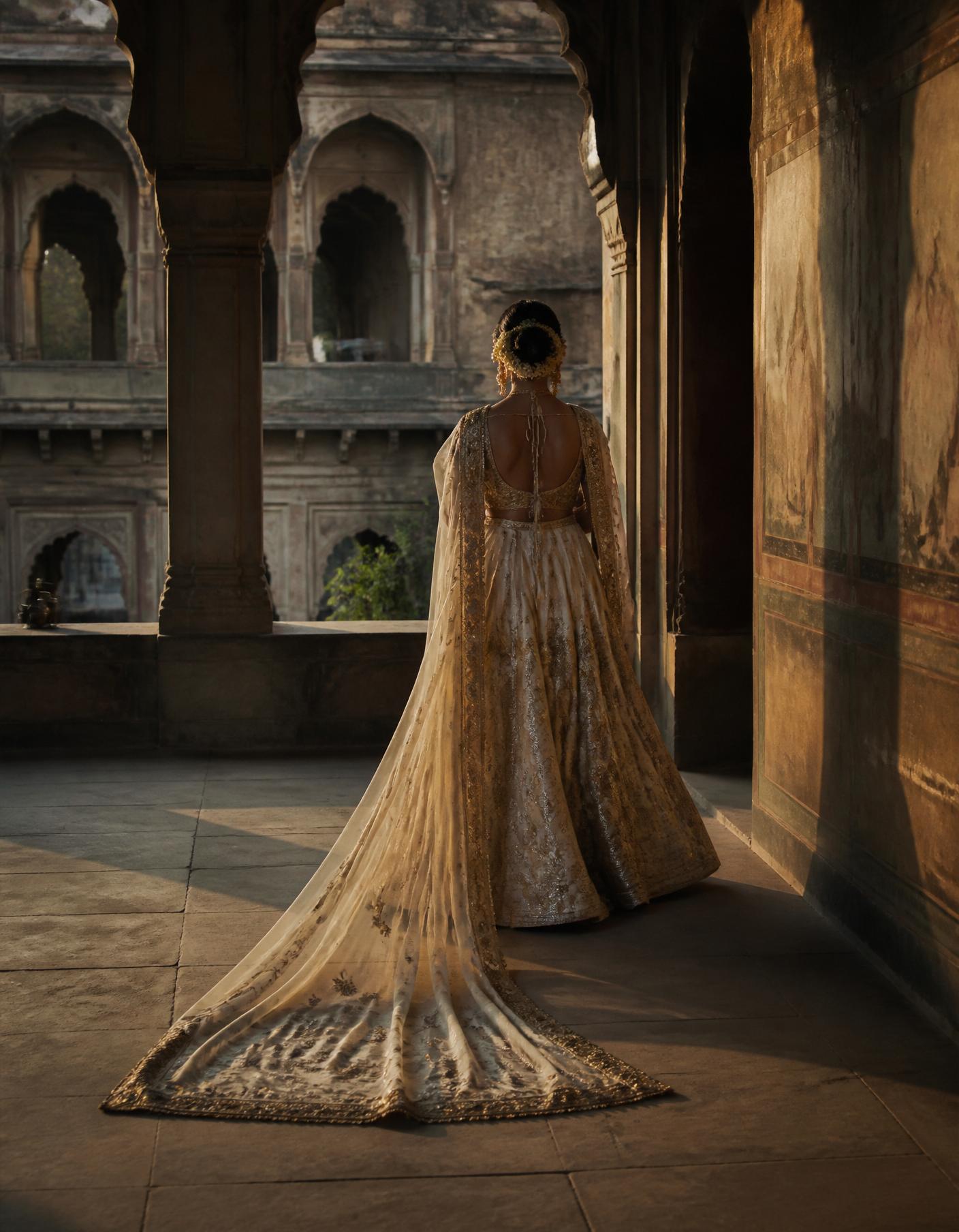 Look 37 — bridal ivory and antique gold, haveli courtyard